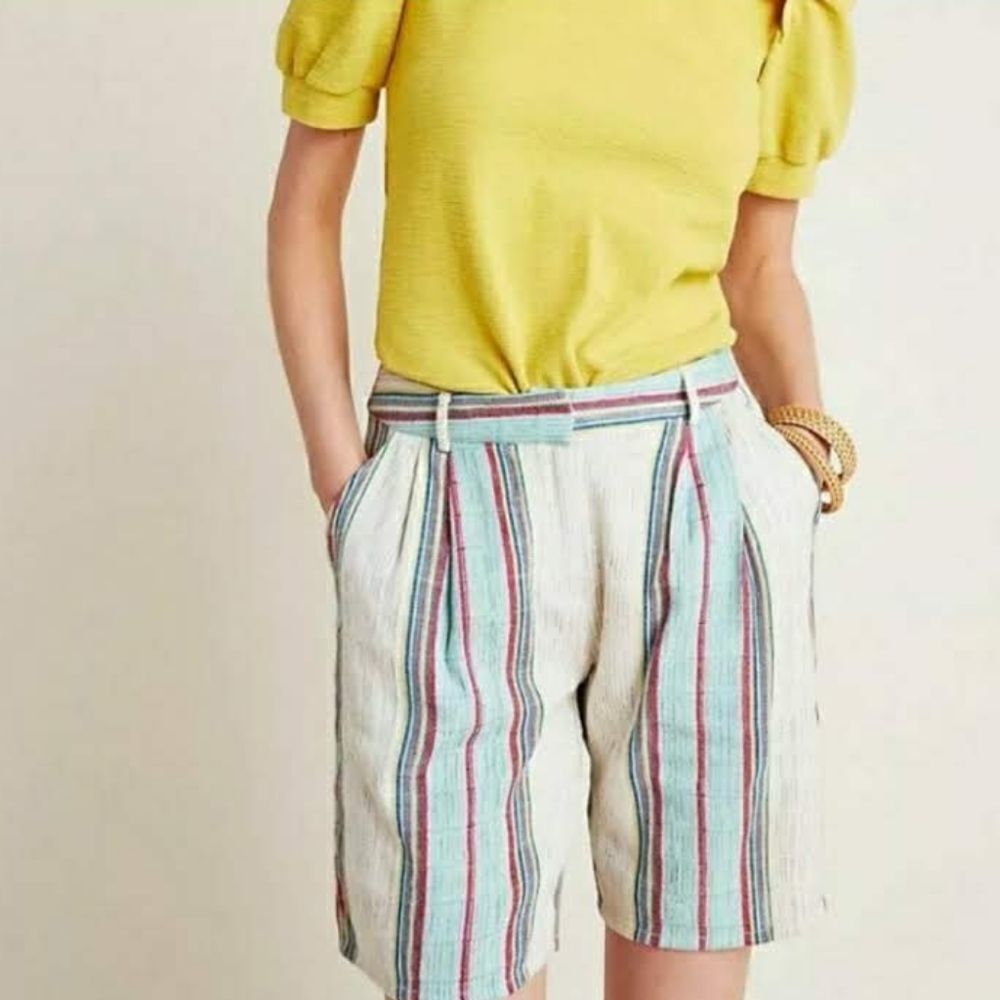Anthropologie Striped Linen-Blend Bermuda Shorts in Cream, Blue & Pink